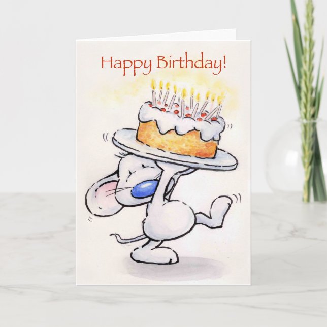 Tarjeta Un ratón lindo con un gran pastel, ¡Feliz cumpleañ (Anverso)