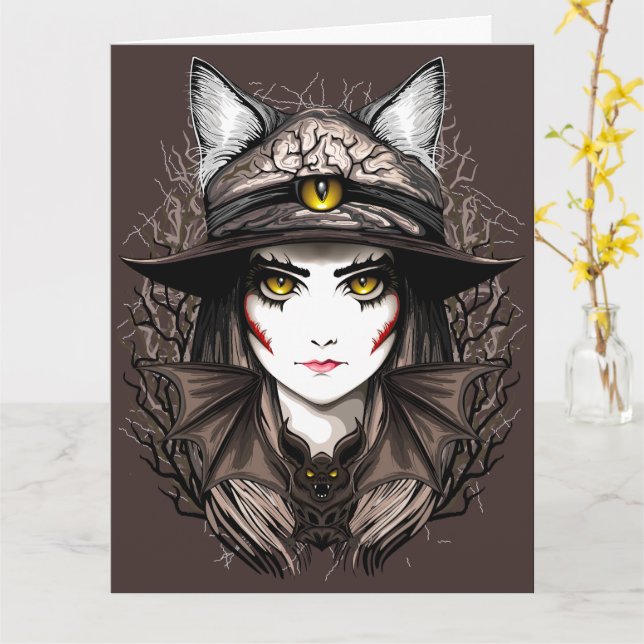 Tarjeta Un retrato cursi de bruja de Gato de Brujas Hallow (flor amarilla)