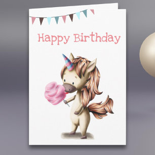 Tarjeta Un unicornio lindo comiendo algodón rosa cumpleaño