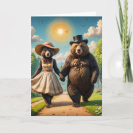 Tarjeta Una adorable pareja de osos en un paseo con osezno