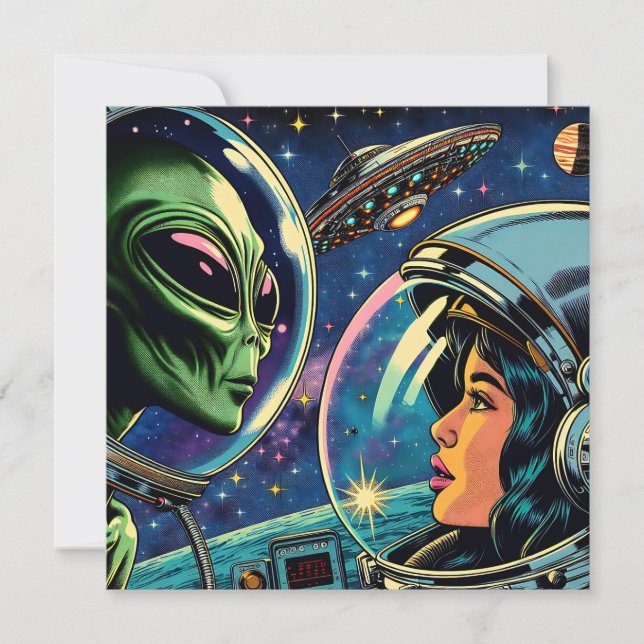 Tarjeta Una astronauta se encuentra con un extranjero extr (Anverso)