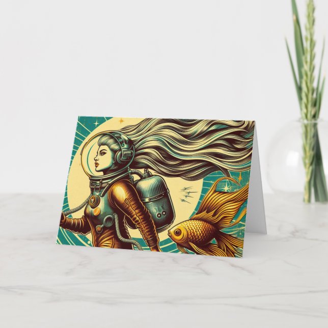 Tarjeta Una astronauta y pez dorado retro todas las ocasio (Anverso)