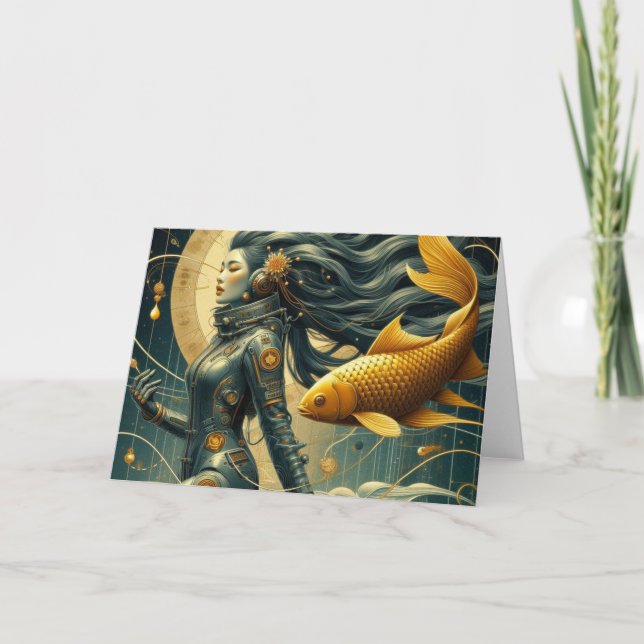 Tarjeta Una astronauta y pez retro todas las ocasiones (Anverso)