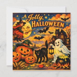 Tarjeta Una bruja vintage de Halloween alegre, fantasmas, 