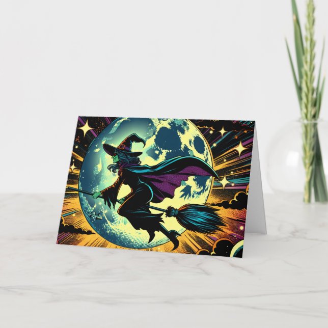Tarjeta Una bruja y una Halloween de luna llena  (Anverso)