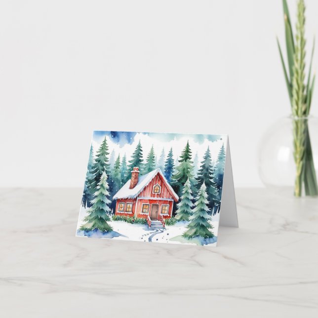 Tarjeta Una cabaña entre Navidades de Snowy Pines (Anverso)