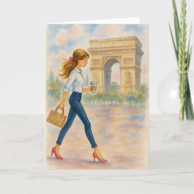 Tarjeta Una chica y la escena del Arco de Triunfo París (Anverso)