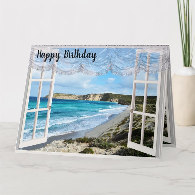 Tarjeta Una escena de playa a través de mi ventana, tarjet (Anverso)