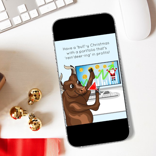 Tarjeta Una feliz Navidad en el mercado de toros (Spread holiday cheer with our hilarious stock market Christmas card—perfect for financial fans and c)