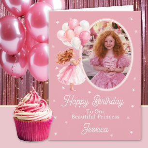 Tarjeta Una Foto Princesa Pelirroja y Globos Cumpleaños