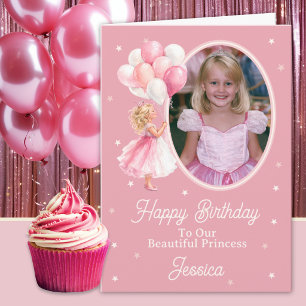 Tarjeta Una Foto Princesa Rubia y Globos Cumpleaños