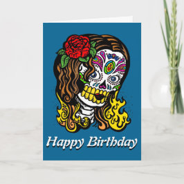 Tarjeta Una mujer con cráneo de azúcar Subió en el pelo