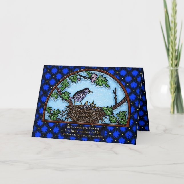 Tarjeta Una sola mamá alimenta a los bebés en el nido (Anverso)