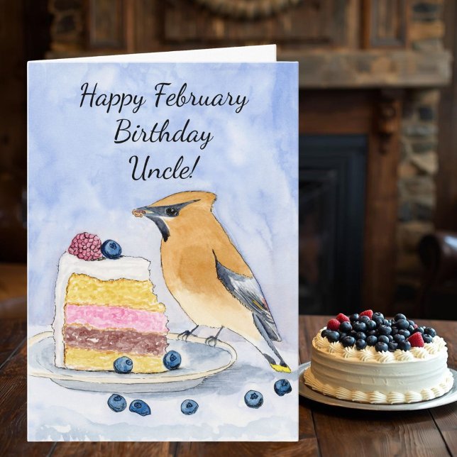 Tarjeta Uncle Happy February Birthday Cedar Waxwing Cake (Subido por el creador)
