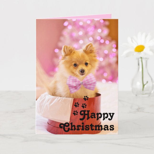 Tarjeta única de Cachorro con Lazo Rosa y Feliz Na (Planta pequeña)