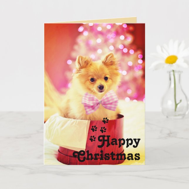 Tarjeta única de Cachorro con Lazo Rosa y Feliz Na (Planta pequeña)