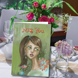 Tarjeta única "Miss You" con Chica floral y pájaro