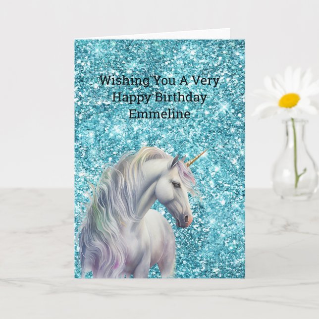 Tarjeta Unicorn Purpurina de Turquoise Aqua Glitz (Planta pequeña)