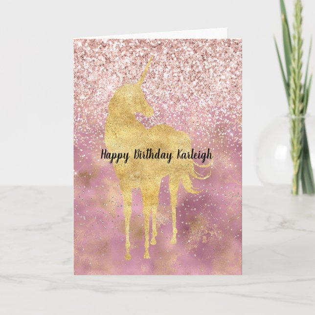Tarjeta Unicorn Purpurina Glitzy Oro Rosa (Anverso)