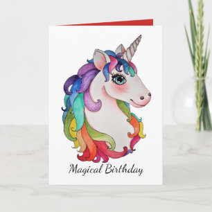 Tarjeta Unicornio acuarela con pelo de arco iris