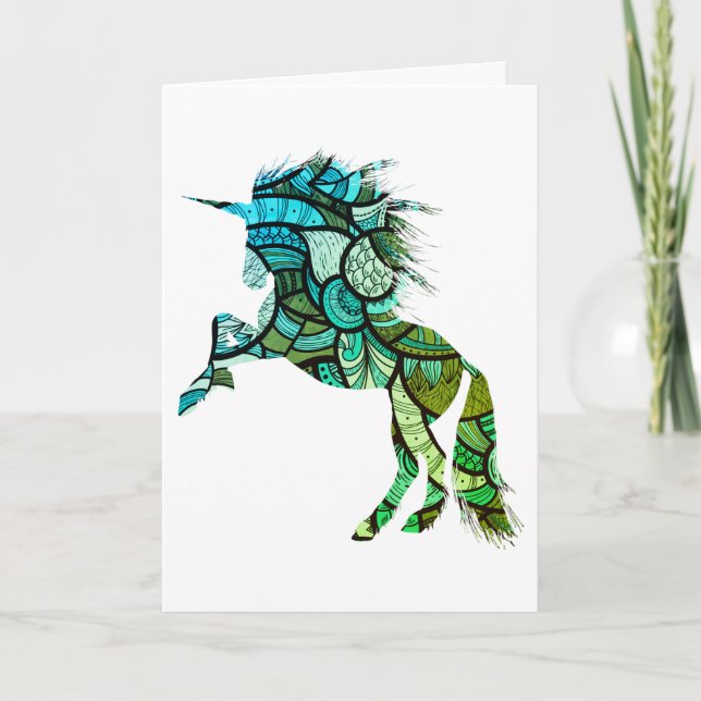 Tarjeta Unicornio azul y verde, cumpleaños (Anverso)