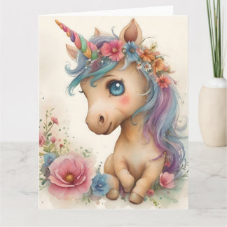 Tarjeta Unicornio bebé adorable acuarela