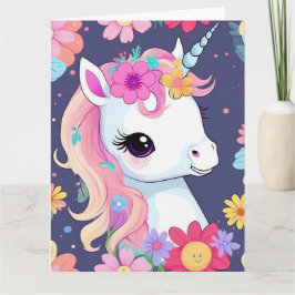 Tarjeta Unicornio blanco adorable con flores