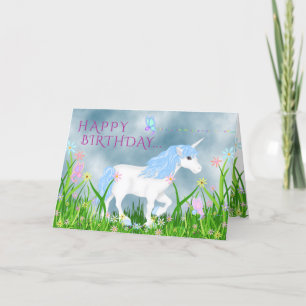 Tarjeta Unicornio blanco y azul lindo con flores Cumpleaño