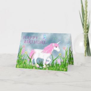 Tarjeta Unicornio blanco y rosado con flores Cumpleaños