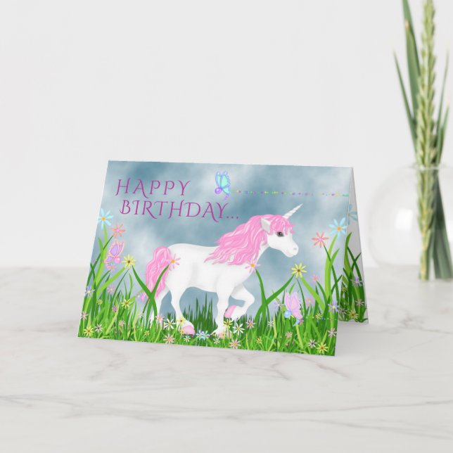 Tarjeta Unicornio blanco y rosado con flores Cumpleaños (Anverso)