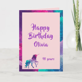 Tarjeta Unicornio chica fantasía rosa morado 10 años