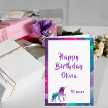 Tarjeta Unicornio chica fantasía rosa morado 10 años<br><div class="desc">Un unicornio fantástico de color rosa,  morado y turquesa para un joven chica chica/adolescente. Marco rosa,  violeta y turquesa. Cartas moradas y el texto: Feliz cumpleaños. Plantillas de nombre y edad. Interior: espacio para que escribas a mano.</div>