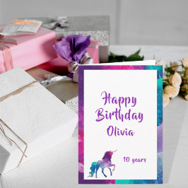 Tarjeta Unicornio chica fantasía rosa morado 10 años