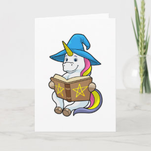 Tarjeta Unicornio como Mago con Libro y Sombrero