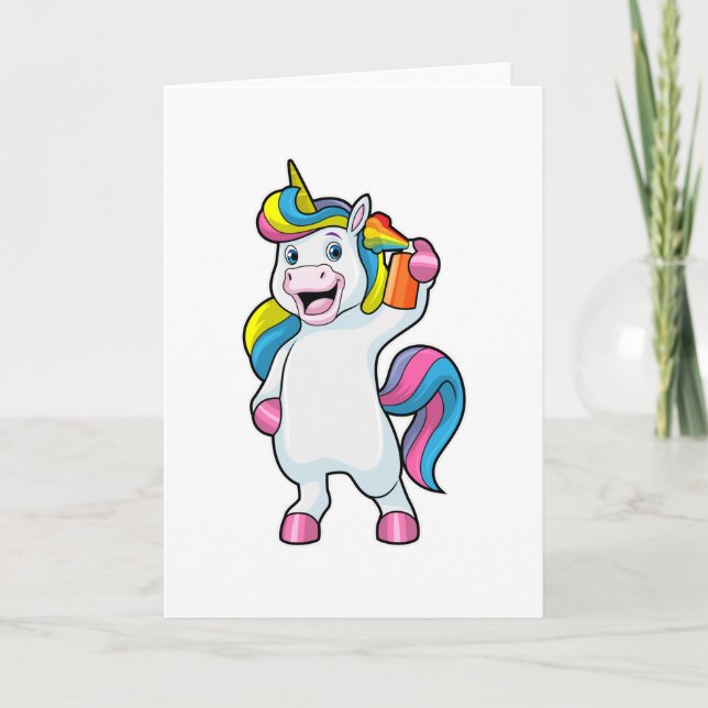 Tarjeta Unicornio como peluquero con laca para el pelo (Anverso)