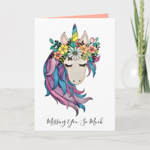 Tarjeta Unicornio Con Flores Silvestres En Acuarela