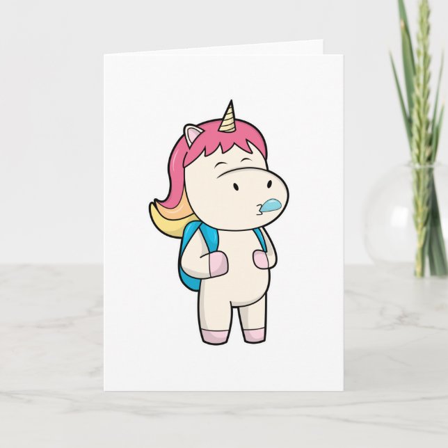 Tarjeta Unicornio con mochila y chicle (Anverso)