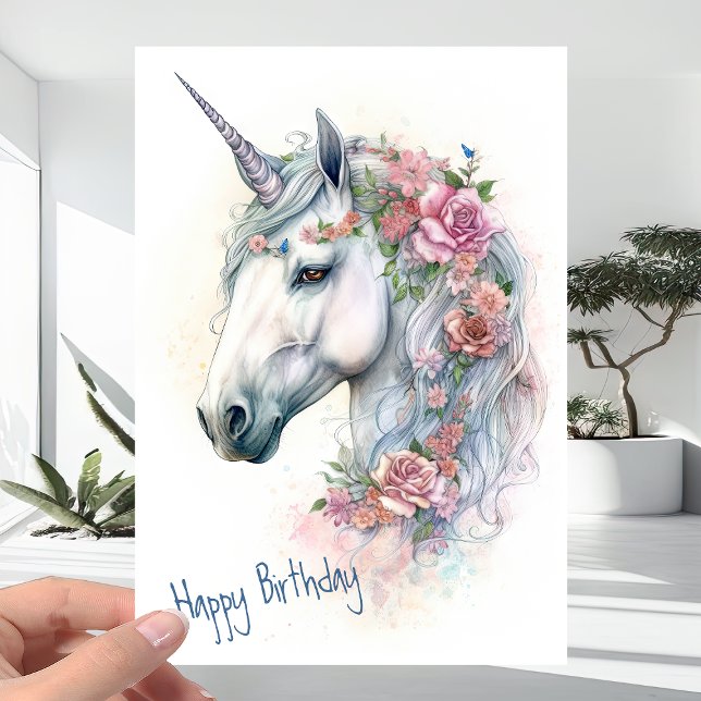 Tarjeta Unicornio con Rosas y flores - Cualquier cumpleaño (Subido por el creador)