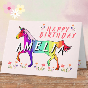 Tarjeta Unicornio de Arcoíris Rosa Flor Feliz Cumpleaños