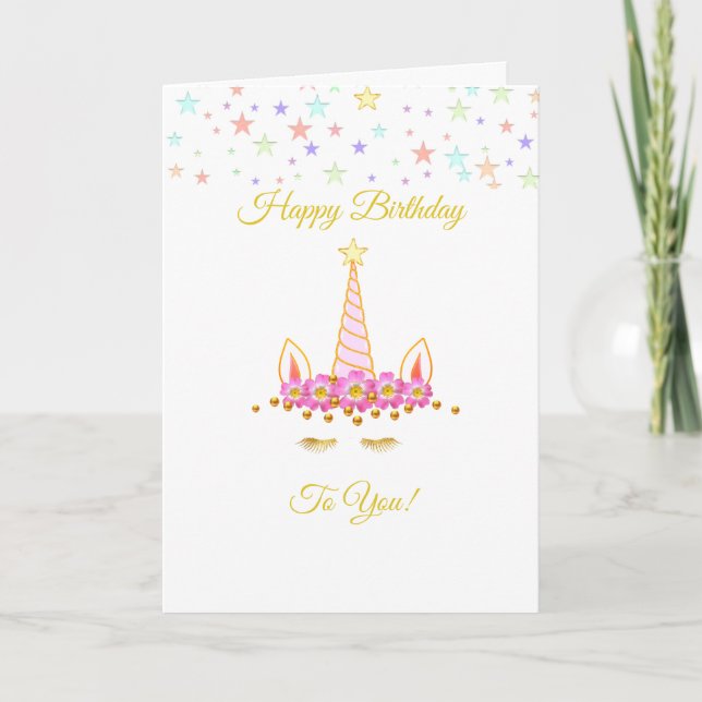 Tarjeta unicornio de cumpleaños, estrellas y flores multic (Anverso)