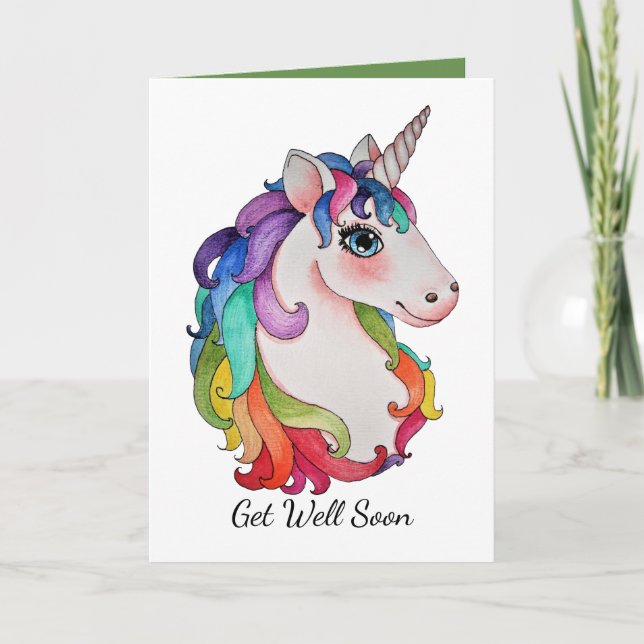 Tarjeta Unicornio de la acuarela con el pelo del arco iris (Anverso)