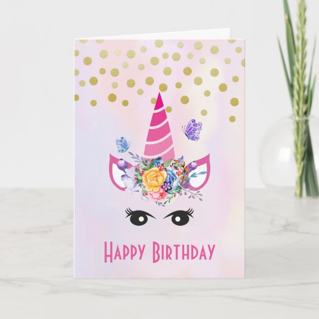 Tarjeta Unicornio de moda con flores mariposas y confetti (Anverso)