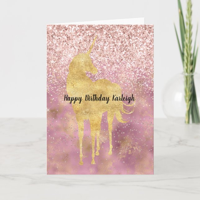 Tarjeta Unicornio de purpurina Glitzy dorado rosa (Anverso)