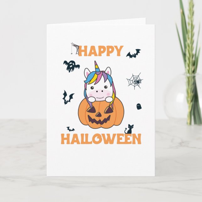 Tarjeta Unicornio En Calabaza Unicos Lindos Halloween Feli (Anverso)