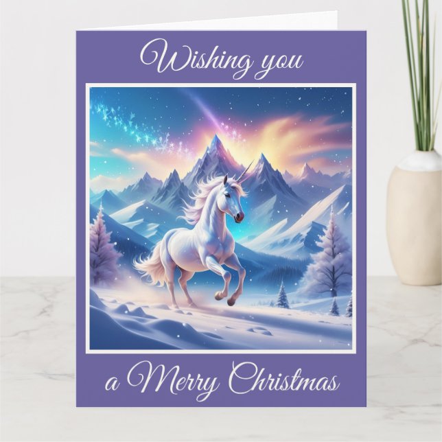 Tarjeta Unicornio en majestuosas montañas de nieve (Anverso)