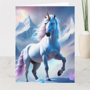 Tarjeta Unicornio encantado en una nevada fantasía