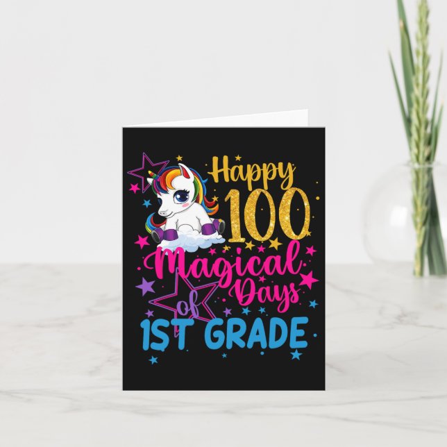 Tarjeta Unicornio Feliz 100 Días Mágicos De Primer Grado (Anverso)