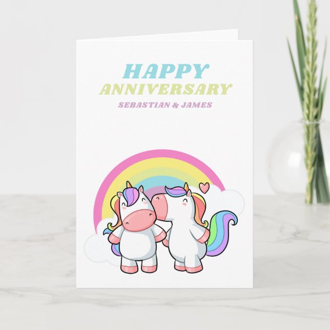 Tarjeta Unicornio feliz del aniversario de boda de la (Anverso)