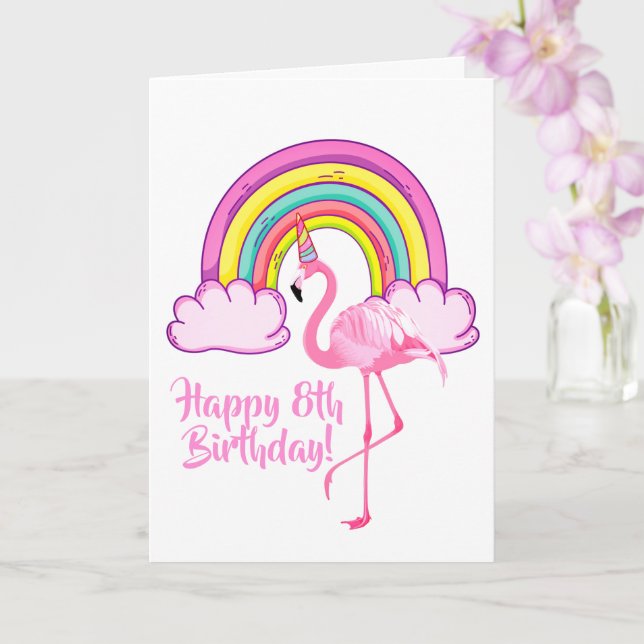 Tarjeta Unicornio Flamingo Magical Rainbow Chica 8 cumplea (Orquídea)