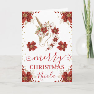 Tarjeta Unicornio Floral Rojo y Dorado Feliz Navidad